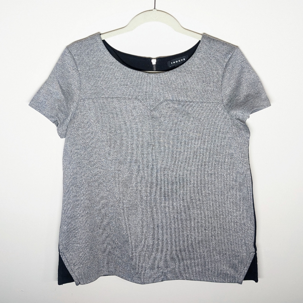 Metallic silver and black zipper-back top
